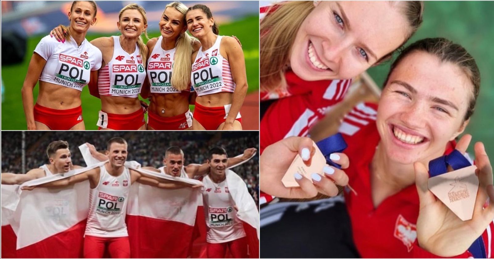Kobieca i męska reprezentacja w sztafecie oraz kajakarki z medalami Mistrzostw Europy Kolaż złożony z trzech zdjęć: dwóch zbiorowych zrobionych po zwycięstwach lekkoatletów i jednego, na którym wioślarki pozują z medalami